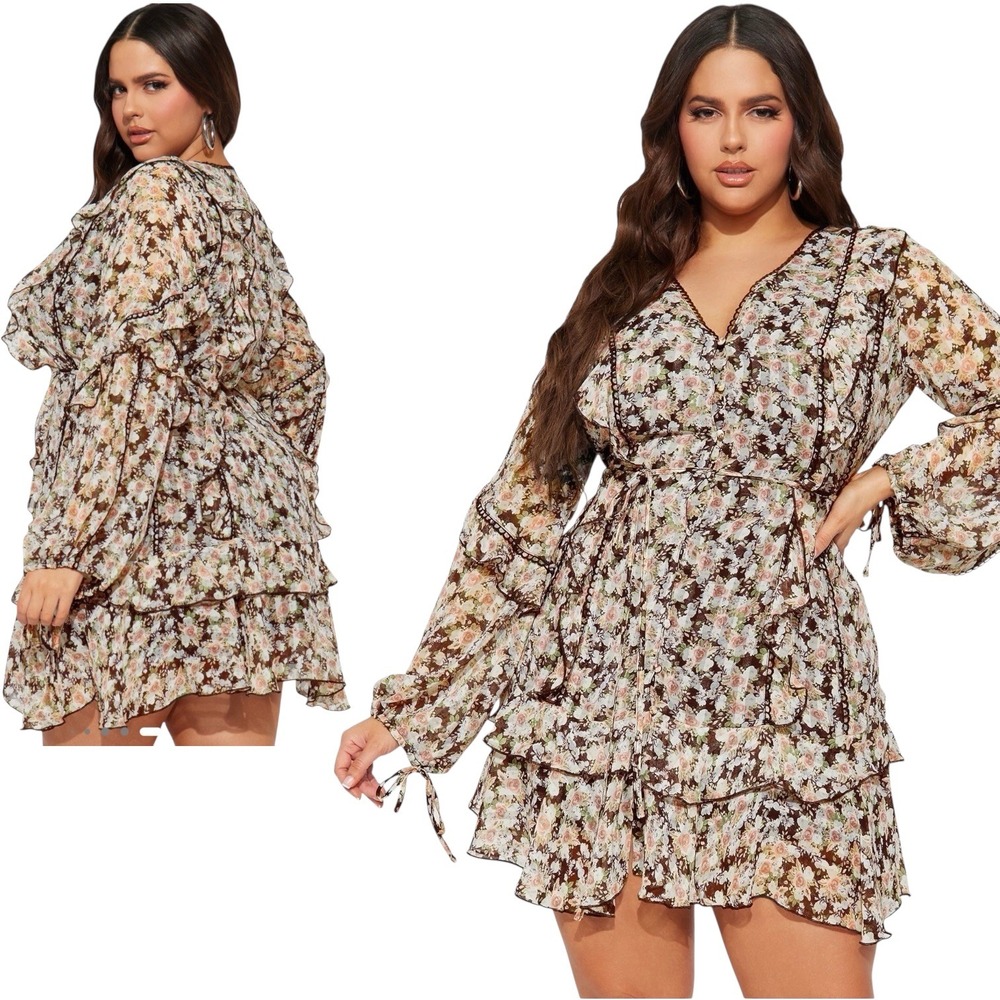 Fashion Nova Edith NEW Ruffle Mini Dress Black Floral Long Sleeve‎ Womens L #557